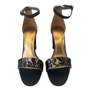 Marc Fisher Womens Black & Gold Lace Block Heel Ankle Strap Sandals Open Toe 10M